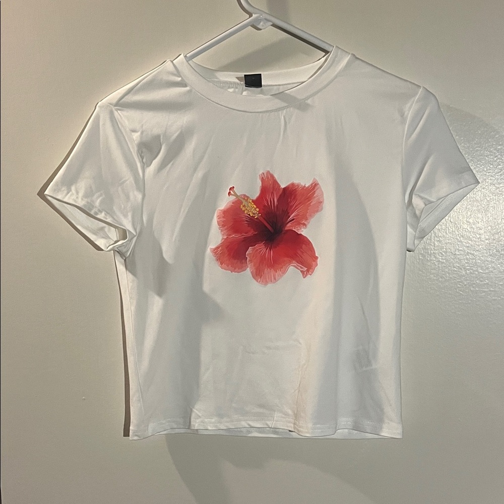 SHEIN White Tee with Vibrant Red Floral Print